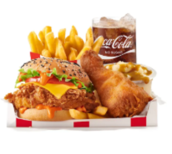 Reg Fully Loaded Box Meal KFC With Zinger Burger And No-Sugar Soda Fountain Drink